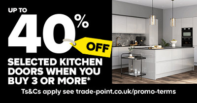 Shop up to 40% off selected kitchen doors. Includes GoodHome Garcinia light grey gloss cabinet doors. Terms & conditions apply, see the *Promotional terms & conditions at the end of the page.