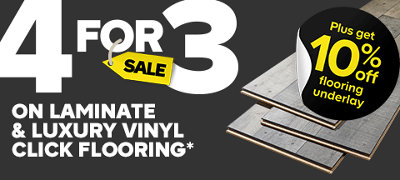 4 for 3 on laminate and luxury vinyl click flooring, plus get 10% off selected underlay. Includes GoodHome Dawnham Natural Wood effect Laminate Flooring. Terms & conditions apply, see the *terms & conditions at the end of the page. Shop now.