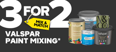 Shop 3 for 2 on Valspar paint mixing, includes Valspar premium masonry paint, Valspar premium walls and ceilings paint, Valspar premium garden exterior paint and V&Co dead flat matt paint. Terms & conditions apply, see the *Promotional terms & conditions at the end of the page.