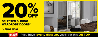 20% off selected sliding wardrobe doors. Terms and conditions apply, Shop now.