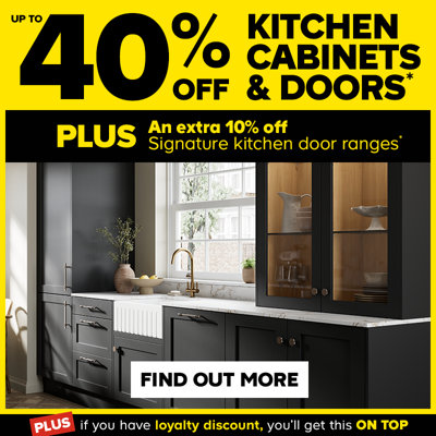 Up to 40% off kitchen cabinets and doors. Plus an extra 10% off Signature kitchen door ranges. Spend thresholds apply. Terms and conditions apply. Find out more.