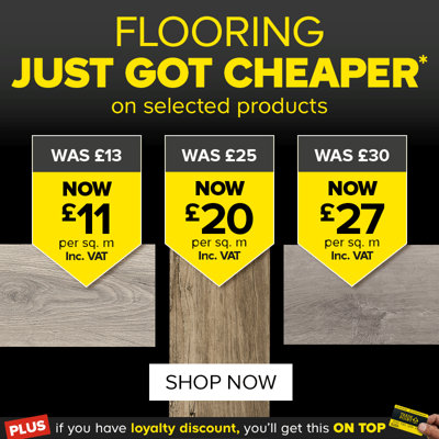 Flooring just got cheaper on selected products. Includes Eurohome Cookham Grey Natural Oak effect Laminate Flooring was £13 per square metre now £11 per square metre, GoodHome Baila Distressed natural oak Wood effect Textured Click vinyl Click flooring was £30 per square metre now £27 per square metre, and GoodHome Mambo Light Grey Natural Wood effect Synchronised Click vinyl Planks was £25 per square metre now £20 per square metre. Shop now