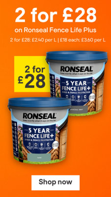 2 for £28 on Ronseal Fence Life Plus 5L. 2 for £28 is £2.40 per L£18 each is £3.60 per L. Shop now