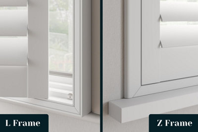 Two different made-to-measure shutter types. One side is labelled "L Frame" and shows an L frame shutter sitting in front of a window recess. The other side is labelled "Z Frame" and shows a Z frame shutter sitting in front of the recess, wrapping around the edge for a seamless look.