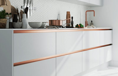 Gloss light grey kitchen base cabinets with a copper effect rail, and matching copper effect tap