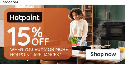 Sponsored banner for Hotpoint appliances. Shop now button