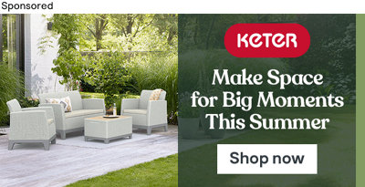 Sponsored banner for Keter garden furniture. Shop now button