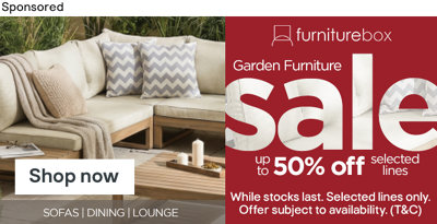 Sponsored Gallery Banner for Furniture Box's range of garden furniture. Shop now button