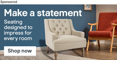 Sponsored Gallery Banner for chairs, barstools and statement seating for your home. Shop now button.