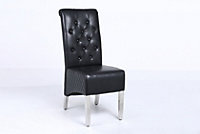 A Pair Black Leather Aire High Tuffted Knocker & Stud High Back Dining Chairs with Solid Chrome Legs