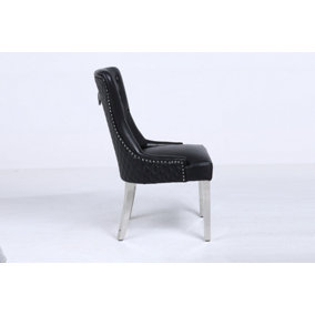 A Pair Black Leather Aire High Tuffted Ring Knocker Back Dining Chairs with Solid Chrome Legs