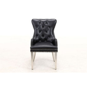 A Pair Black Leather Aire Tuffted Metal Knocker & Studs Back Dining Chairs with Solid Chrome Legs