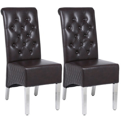 A Pair Brown Leather Aire High Tuffted Knocker & Stud High Back Dining Chairs with Solid Chrome Legs