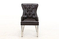 A Pair Brown Leather Aire Tuffted Metal Knocker & Stud Back Dining Chairs with Solid Chrome Legs