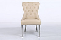 A Pair Cream leather Aire Tuffted Metal Knocker Back Dining Chairs with Solid Chrome Legs