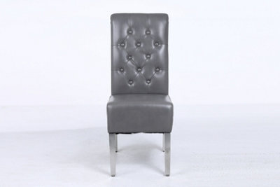 A Pair Grey Leather Aire Sara High Tuffted Metal Knocker Back Dining Chairs with Solid Chrome Legs