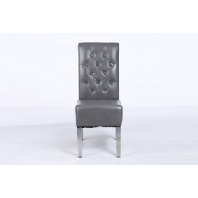 A Pair Grey Leather Aire Sara High Tuffted Metal Knocker Back Dining Chairs with Solid Chrome Legs