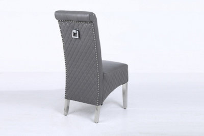 A Pair Grey Leather Aire Sara High Tuffted Metal Knocker Back Dining Chairs with Solid Chrome Legs