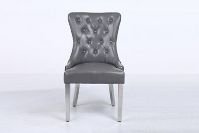 A Pair Grey Leather Aire Tuffted Metal Knocker Back Dining Chairs with Solid Chrome Legs