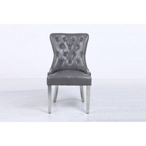 A Pair Grey Leather Aire Tuffted Metal Knocker Back Dining Chairs with Solid Chrome Legs