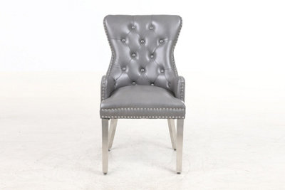 A Pair Grey Leather Aire Tuffted Metal Knocker& Studs Back Dining Chairs with Solid Chrome Legs