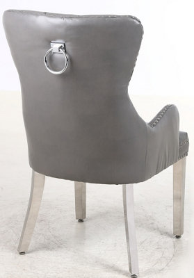 A Pair Grey Leather Aire Tuffted Metal Knocker& Studs Back Dining Chairs with Solid Chrome Legs