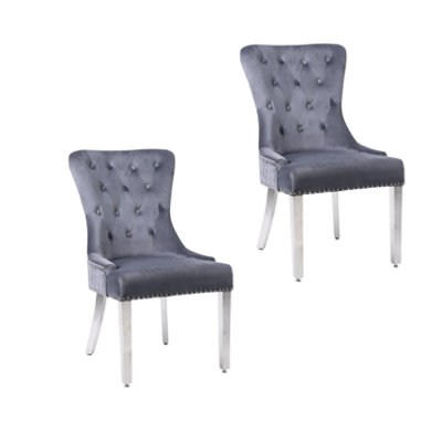 A Pair Grey Velet Nicole Back Tuffted Lion Knocker Back Dining Chairs