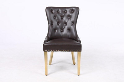 A Pair of Leather Aire Dining Chairs with Golden Legs, Studs & Knocker in Brown