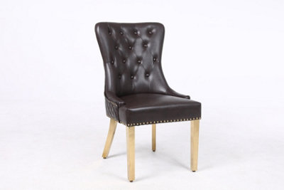 A Pair of Leather Aire Dining Chairs with Golden Legs, Studs & Knocker in Brown