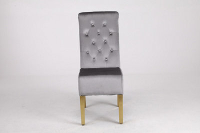 A Pair of Velvet Dining Chairs with Golden Legs in Grey