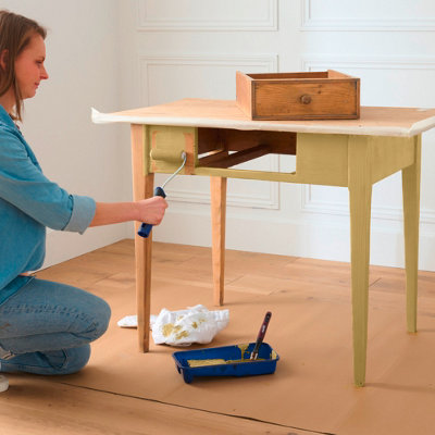A person painting a desk green.