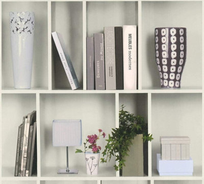 A.S. Création 3D Effect Non-Woven Modern Bookshelf Bookcase Wallpaper Grey, Green, White 366631