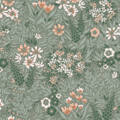 A.S. Création Green Botanical Floral Wallpaper Sage & Peach 791373