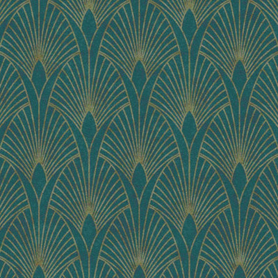 A.S Creation Art Deco Fan Teal Metallic Gold Wallpaper Textured Vinyl