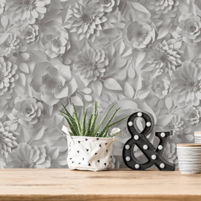 A.S. Creation Grey Flowers 3D Effect Wallpaper 38718-1