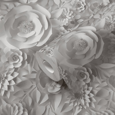 A.S. Creation Grey Flowers 3D Effect Wallpaper 38718-1
