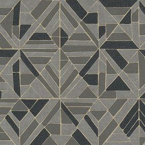 A.S Creation Retro Black Grey Tiles Metallic Gold Wallpaper Textured Vinyl