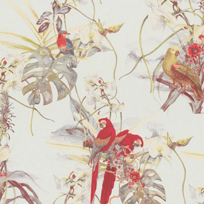 A.S. Creation White & Red Botanical Parrots Wallpaper 38725-1