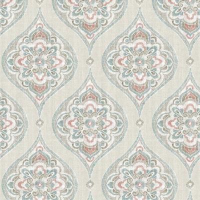 A Street Adele Folklore Ornamental Damask Blue & Red Wallpaper FD25150