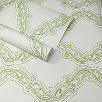A Street Prints Mirabelle Dotted Ogee Harmony Green & White Wallpaper