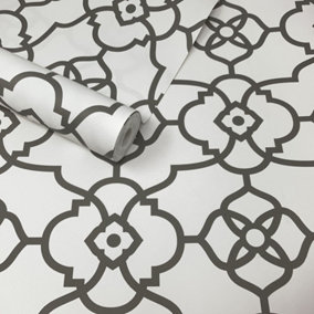 A Street Prints Mirabelle Trellis Atrium Grey Geometric Wallpaper