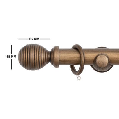 A.Unique Home Ribbed Wooden Curtain Pole with Rings and Fittings  - 35mm - 120cm - Antique Gold