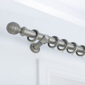 A.Unique Home Ribbed Wooden Curtain Pole with Rings and Fittings - 35mm - 120cm - Antique Silver