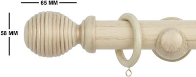 A.Unique Home Ribbed Wooden Curtain Pole with Rings and Fittings - 35mm - 120cm - Antique Vanilla