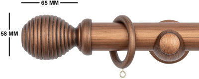A.Unique Home Ribbed Wooden Curtain Pole with Rings and Fittings - 35mm - 120cm - Walnut