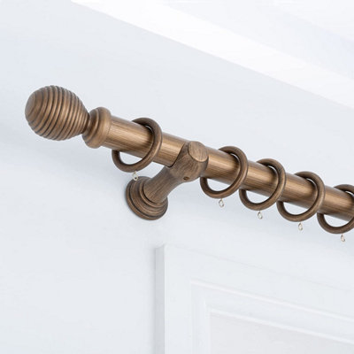 A.Unique Home Ribbed Wooden Curtain Pole with Rings and Fittings - 35mm - 150cm - Antique Gold