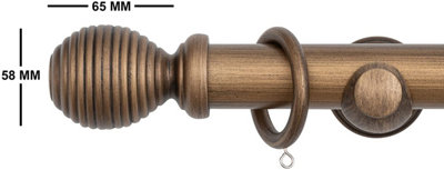 A.Unique Home Ribbed Wooden Curtain Pole with Rings and Fittings - 35mm - 150cm - Antique Gold