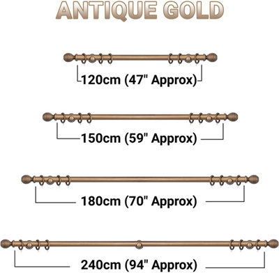 A.Unique Home Ribbed Wooden Curtain Pole with Rings and Fittings - 35mm - 150cm - Antique Gold