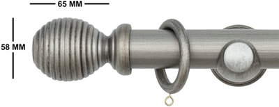 A.Unique Home Ribbed Wooden Curtain Pole with Rings and Fittings - 35mm - 150cm - Antique Silver