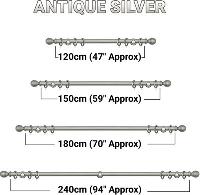 A.Unique Home Ribbed Wooden Curtain Pole with Rings and Fittings - 35mm - 150cm - Antique Silver
